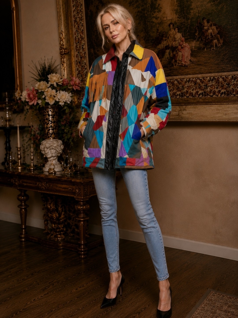 Vintage 80s Patchwork Leather Fringe Jacket Oversized Western Boho M/L - Picture 2 of 16